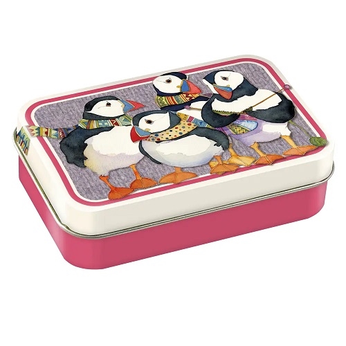 Mini Rectangular Tin - Knitting Puffins 